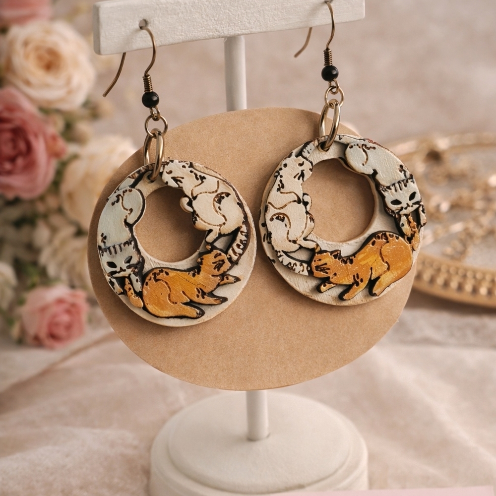 Hand Painted Cat Hoop Earrings | Artisan Boho Statement Dangle Earrings